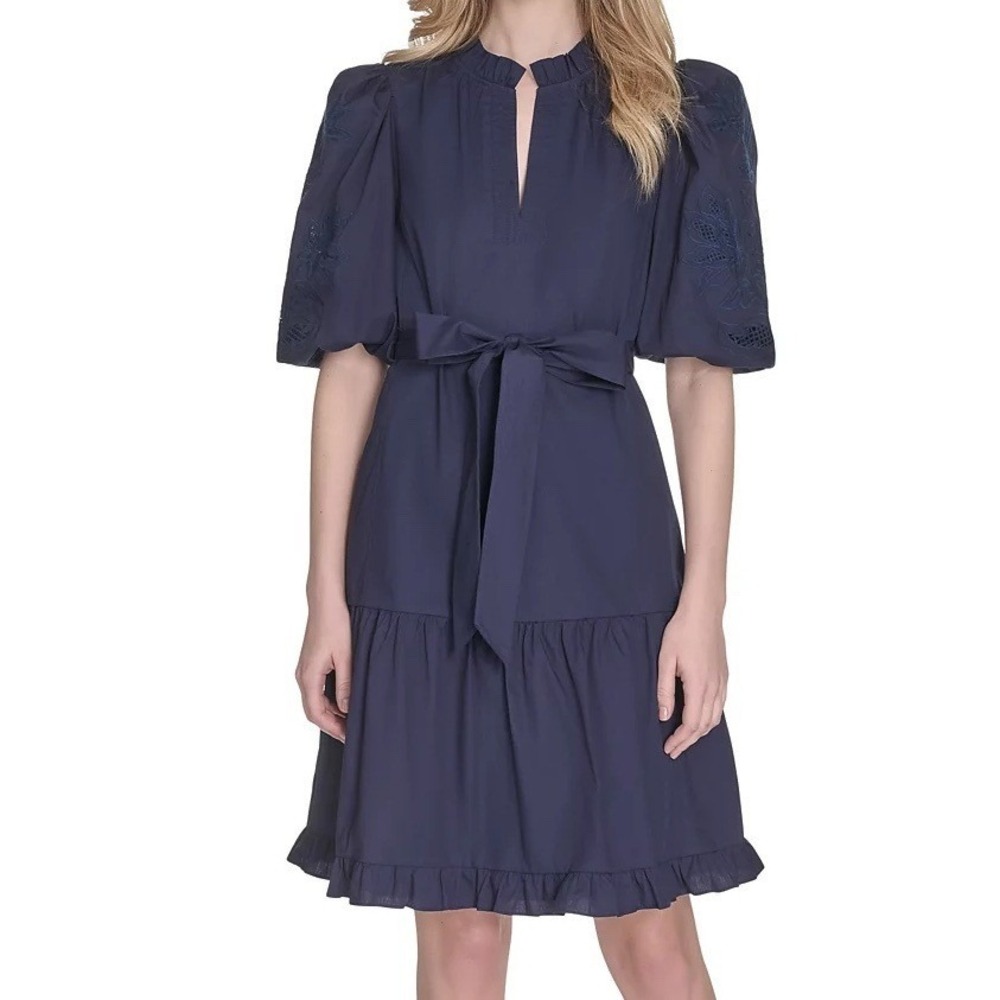Vince Camuto Embroidered Ruffle Half Sleeve Split Neck Navy Dress Womens 16
